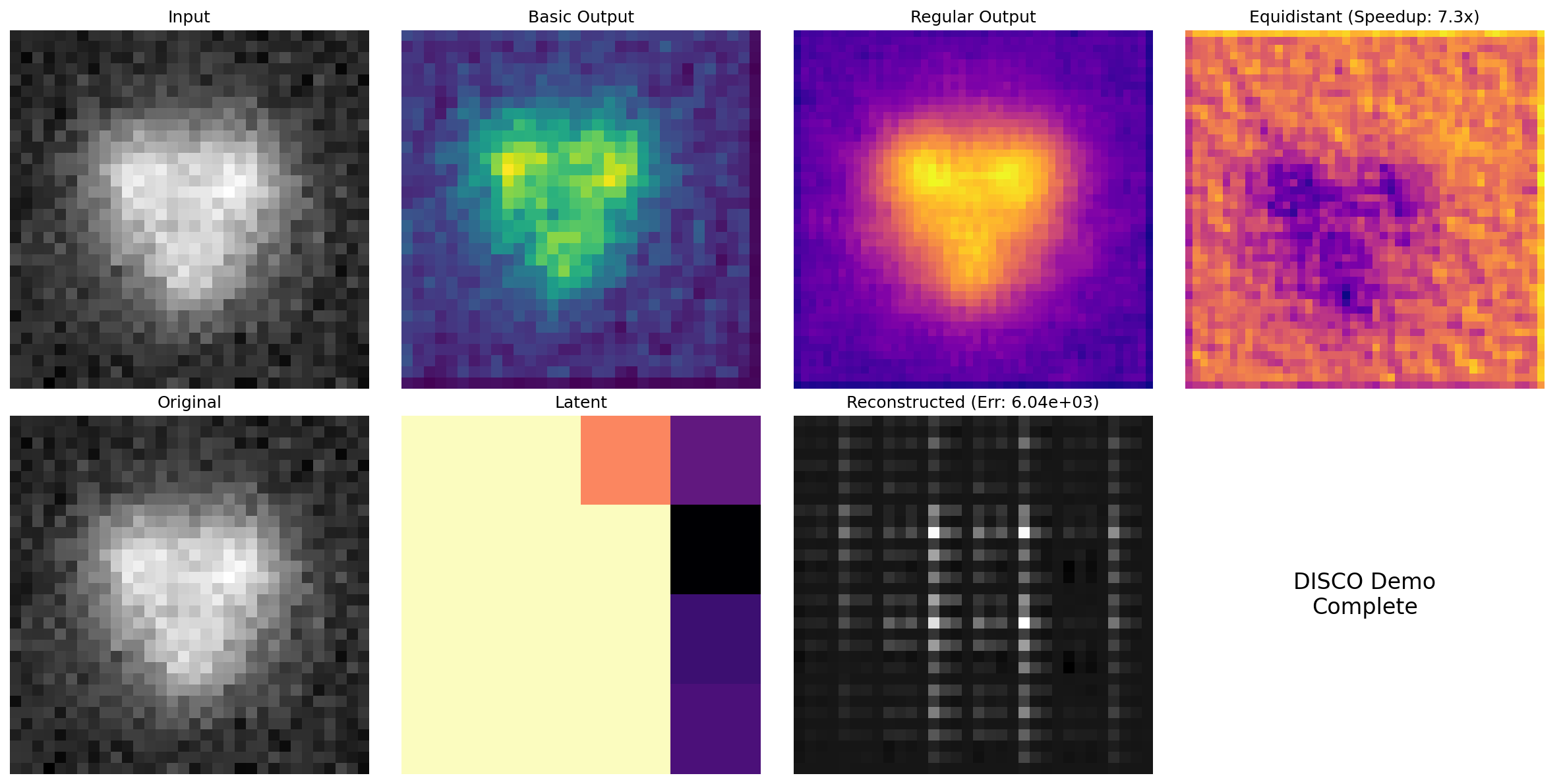 DISCO convolution results showing input image, basic output, equidistant output, and encoder-decoder reconstruction